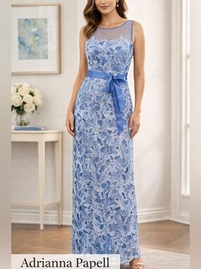 Adrianna Papell Blue Lace Midi Gown Illusion Neck Tie Waist Size 4 NWT